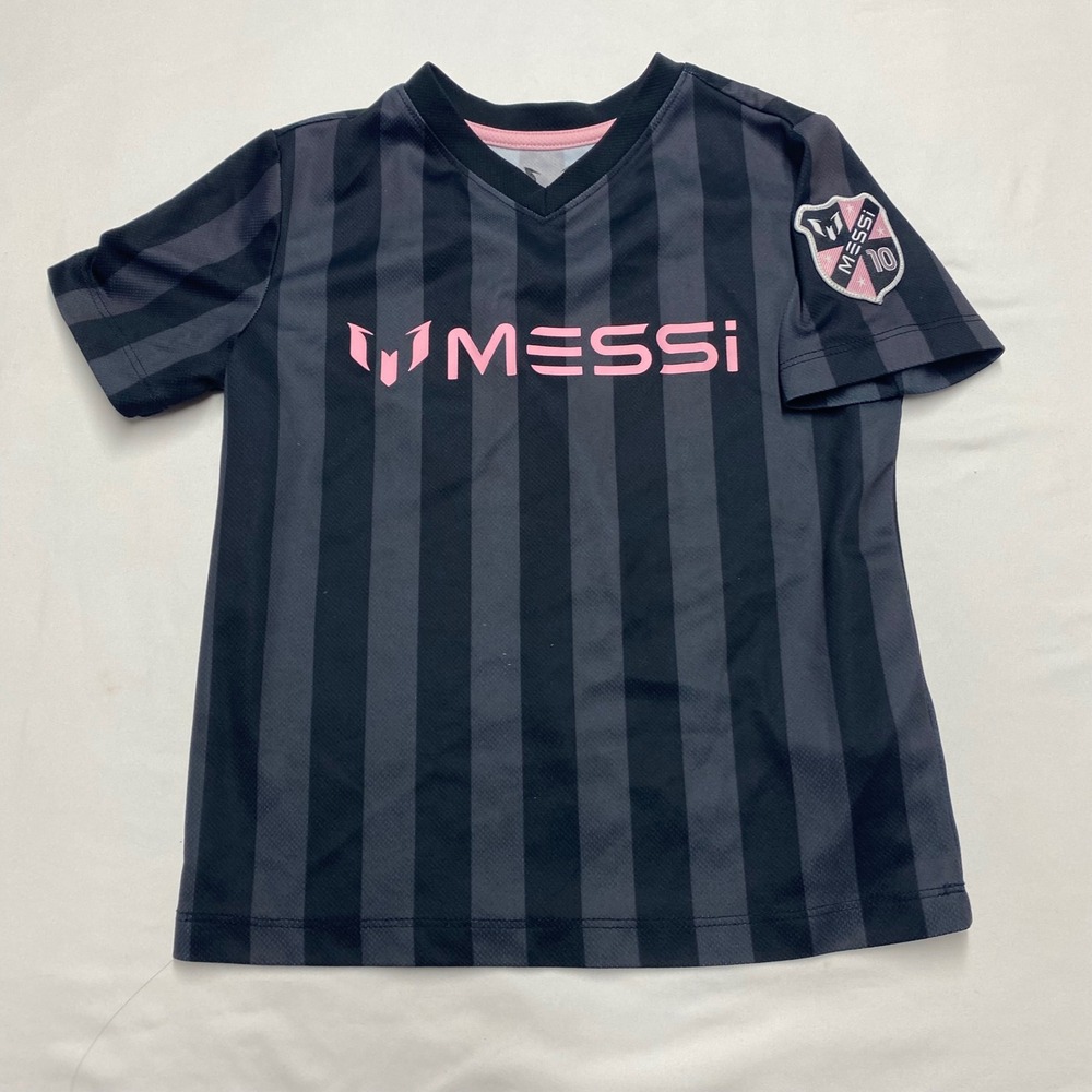 Messi Collection girls size 5 Soccer Jersey Black Grey Striped Pink Logo V-Neck